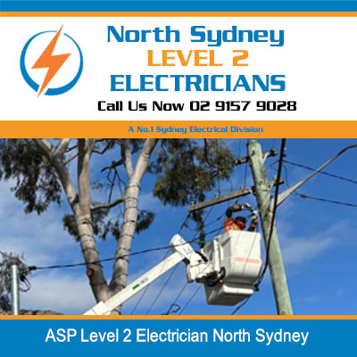 ASP Level 2 electrician in cherry picker servicing overhead power lines in North Sydney
